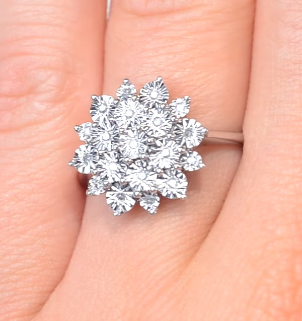 Diamond 0.10ct 9K White Gold Large Cluster Ring SIZE H